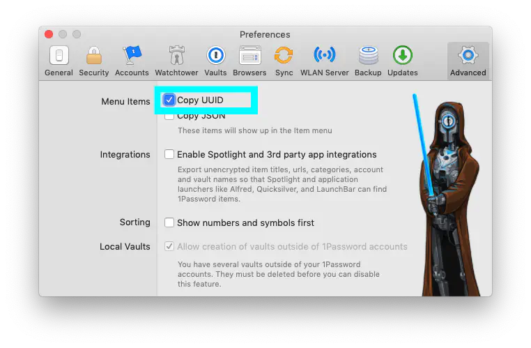 the 'advanced settings' window in 1Password