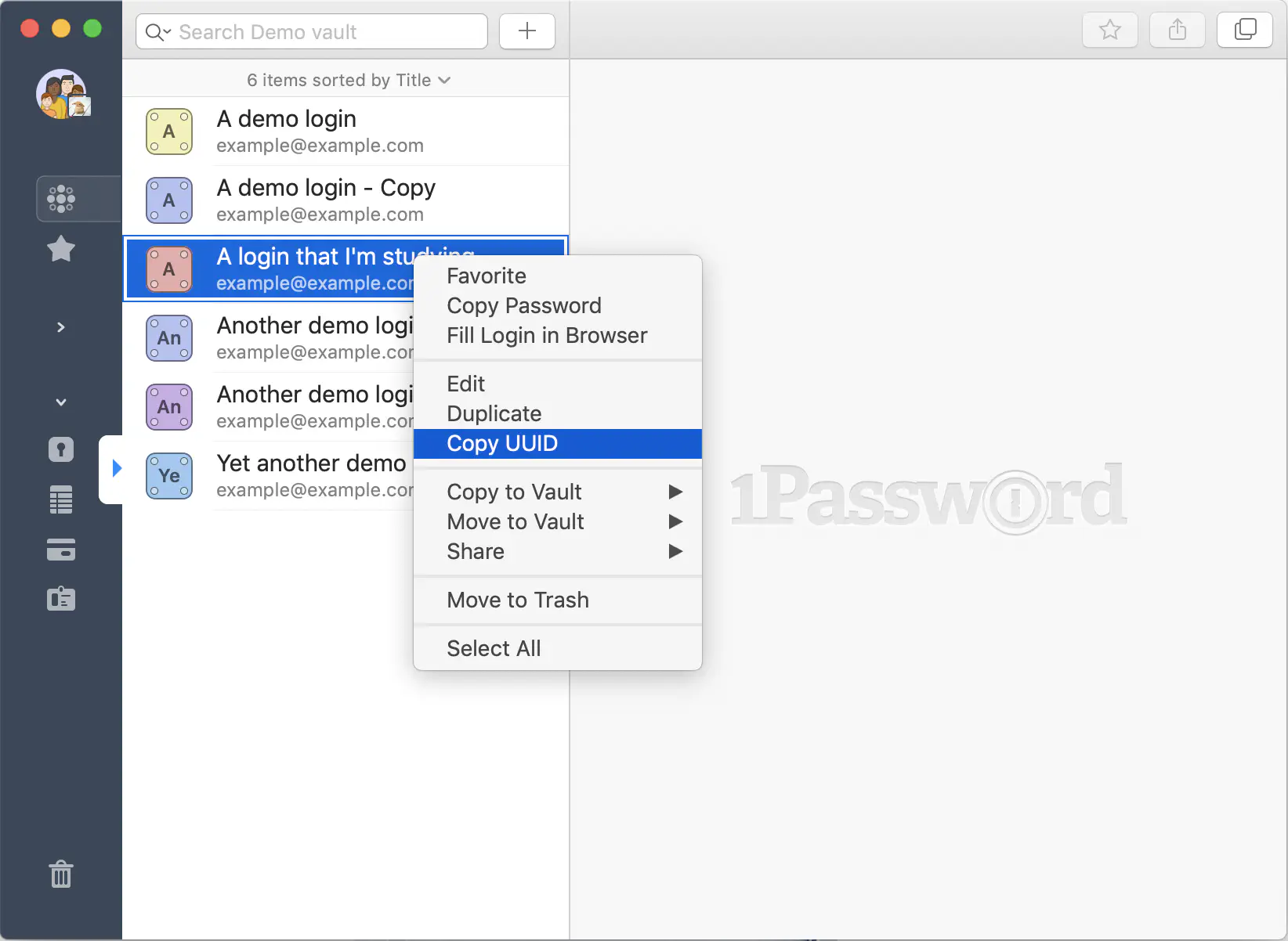 The 1Password context menu for a password with 'Copy UUID' selected